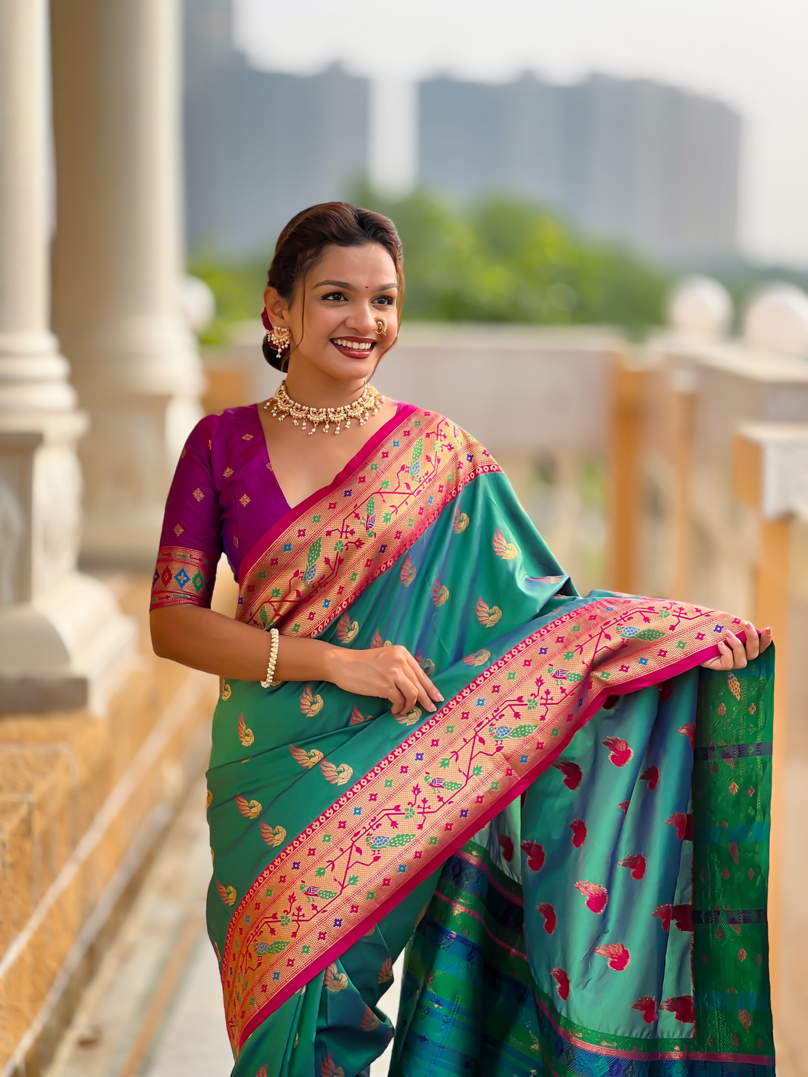 Vedant Vastram Soft Litchi Silk Paithani Jacquard Saree - Rama