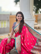 Vedant Vastram Soft Litchi Silk Paithani Jacquard Saree - Pink
