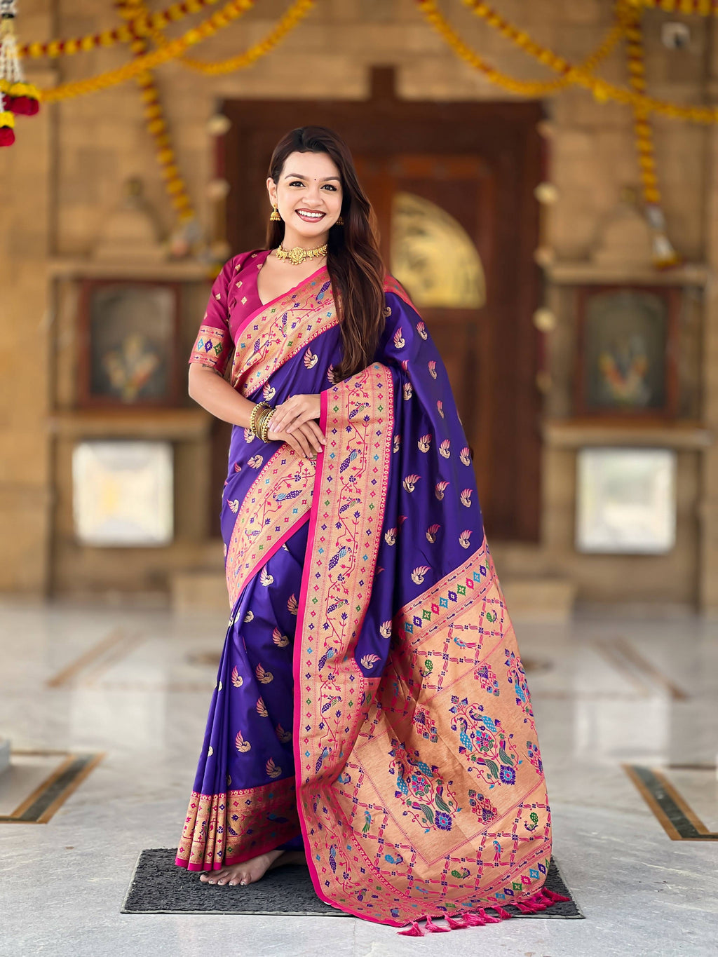 Vedant Vastram Soft Litchi Silk Paithani Jacquard Saree - Violet