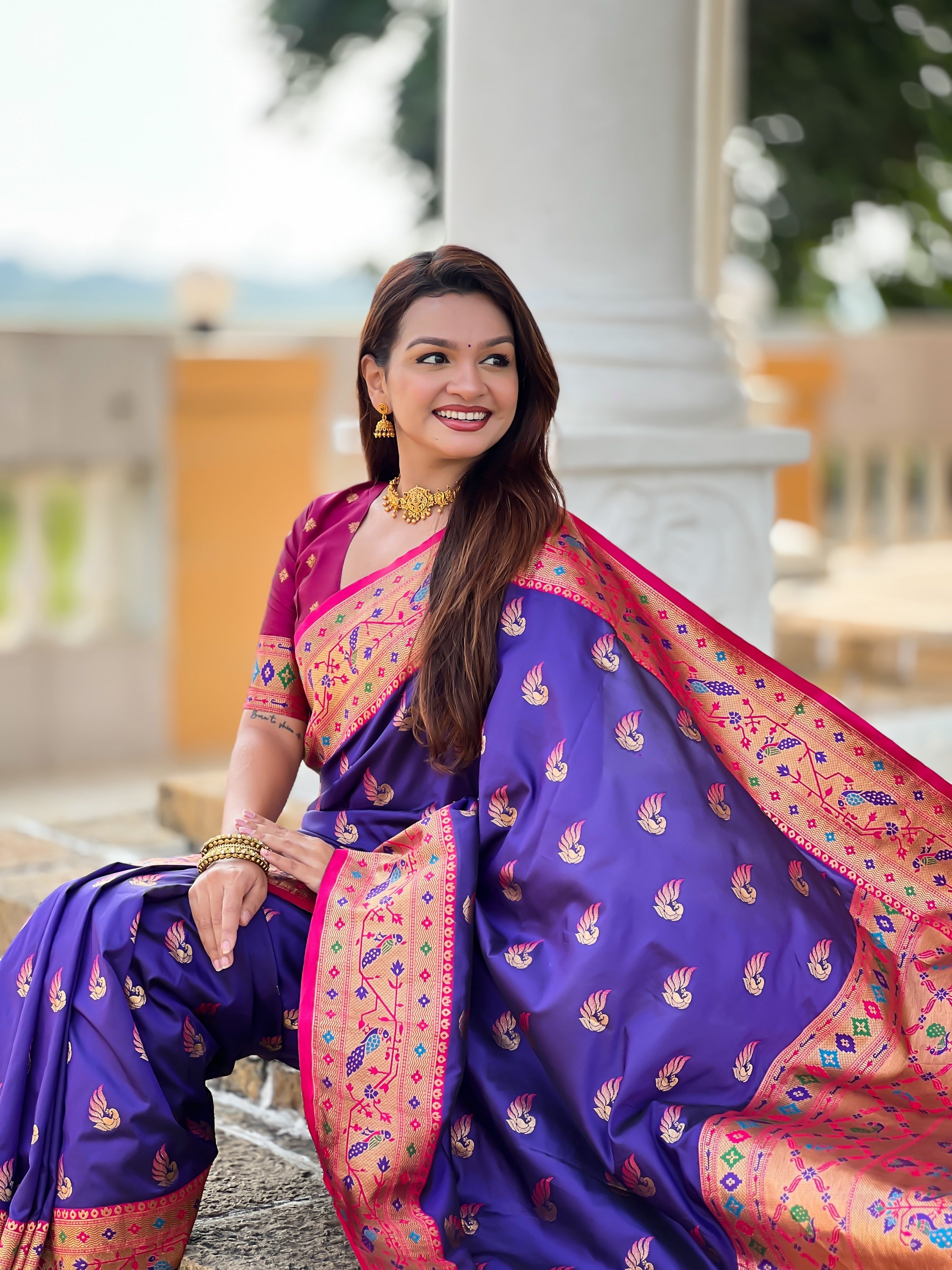Vedant Vastram Soft Litchi Silk Paithani Jacquard Saree - Violet