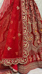 Jyoti Fashion Women's Red Velvet Multi Thread Embroidered with Zircon Diamond Work Wedding Lehenga Choli