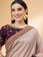 Beige, Purple Tussar Silk Zari, Thread And Cord Embroidery, Laser Cut Applique Saree - Norita Hit Design