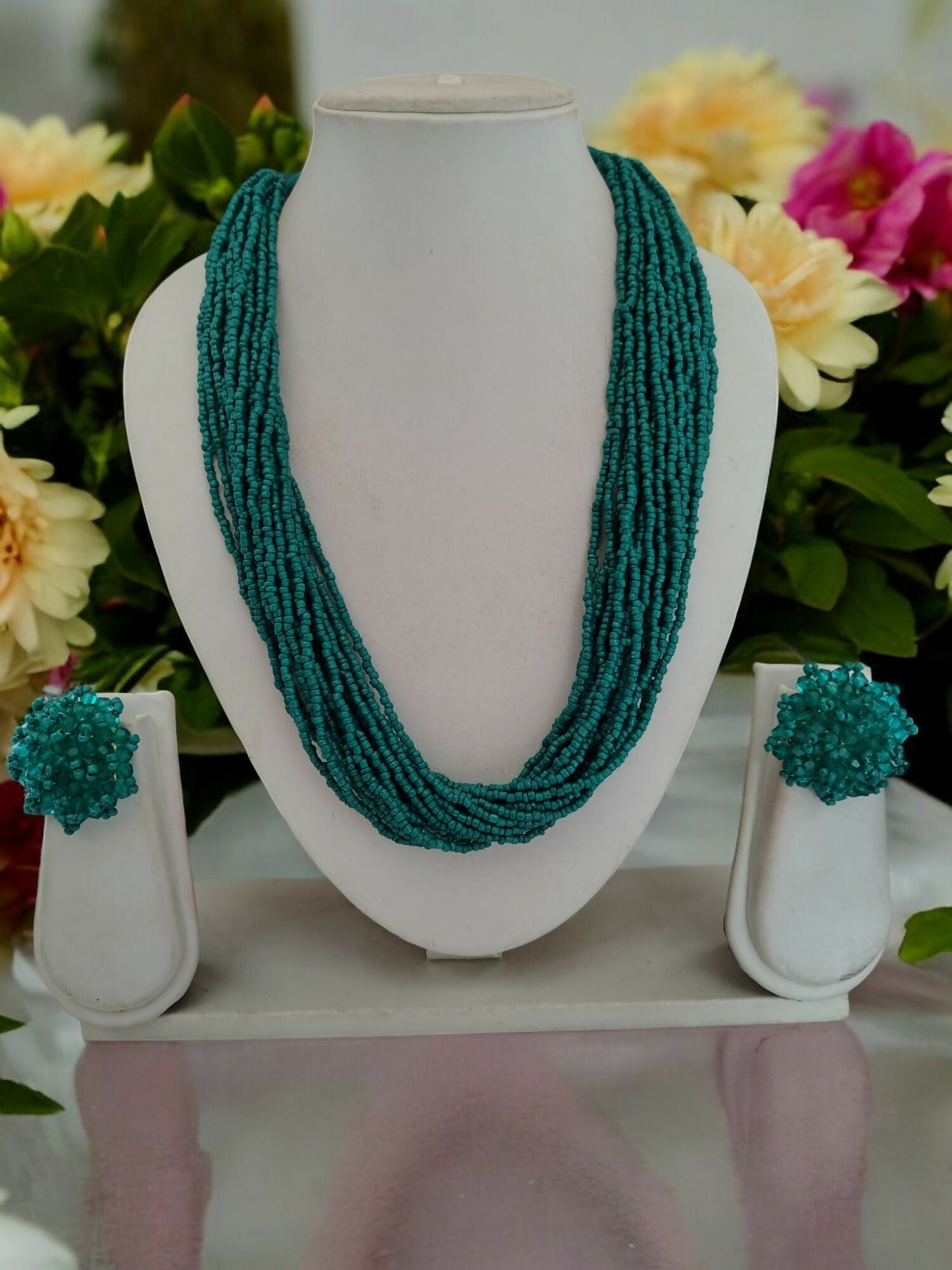 Inhanns Vibrant Handmade 20 Layers Beaded Necklace With Matching Earrings - Sea Green