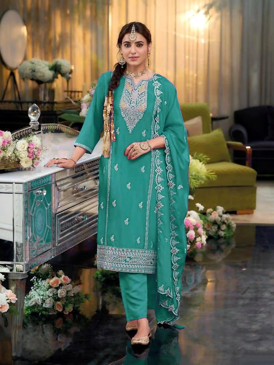 Anaita Turquoise Heavy Chinon Readymade Suit with Embroidery & Sequence Work - Distacart
