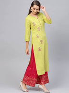 Yufta Women Green & Pink Embroidered Kurta with Palazzo & Dupatta
