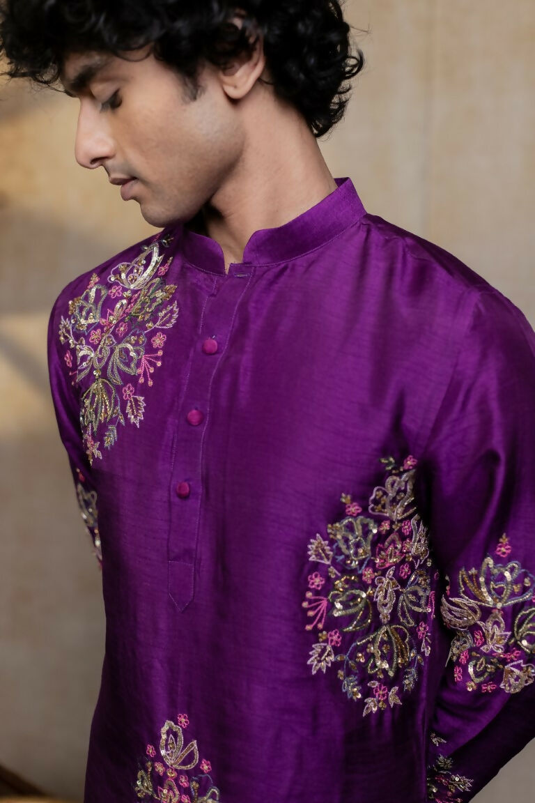 Falling Raw Silk Purple Mayura Cham Set By Hilo Design