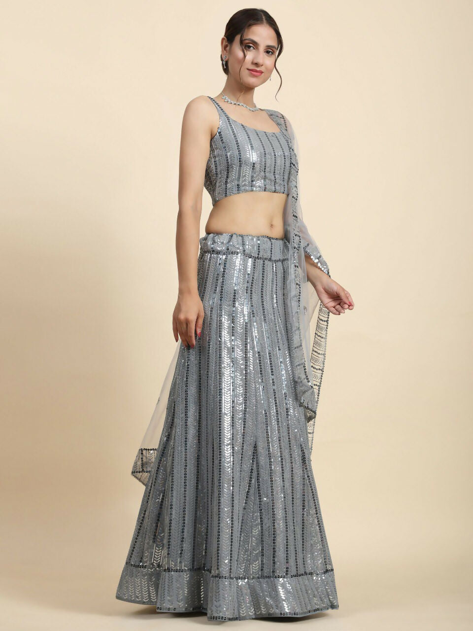 Jyoti Fashion Classy Grey Faux Georgette 3MM & 7MM Sequins Embroidery Lehenga Choli with Dupatta