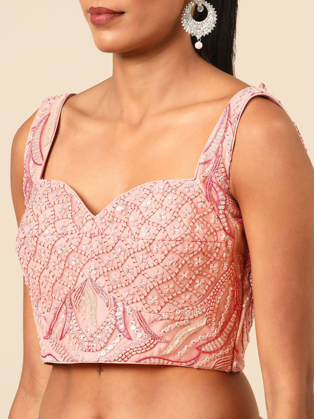 House of Panchhi Coral Pink Net Sequins and Zarkan embroidery Lehenga choli & Dupatta