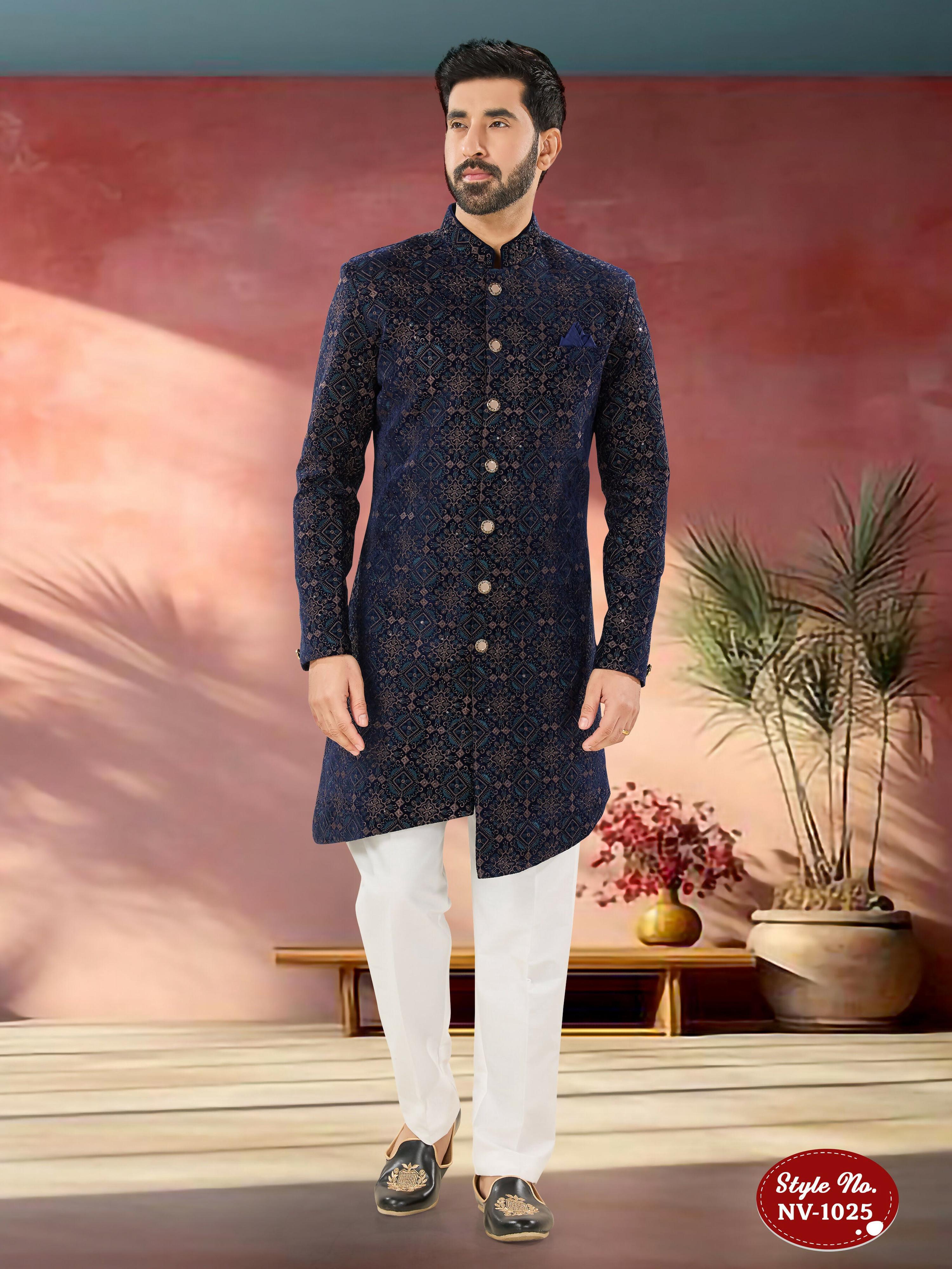 Joban Fashion Men's Blue Base Straight Velvet Thread And Sequence Embroidary All Over Indo-Western Kurta Set