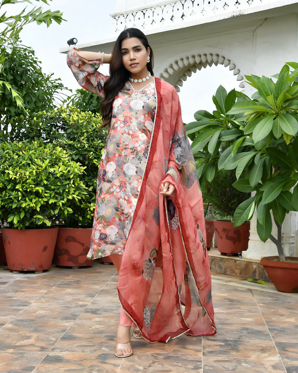 Vaasva Women's Rust Tissue Gota Embroidered Suit Set With Solid Pant And Embroidered Dupatta