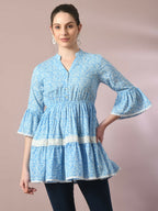 Myshka Women's Blue Embellished Cotton Gathered Party Empire Top