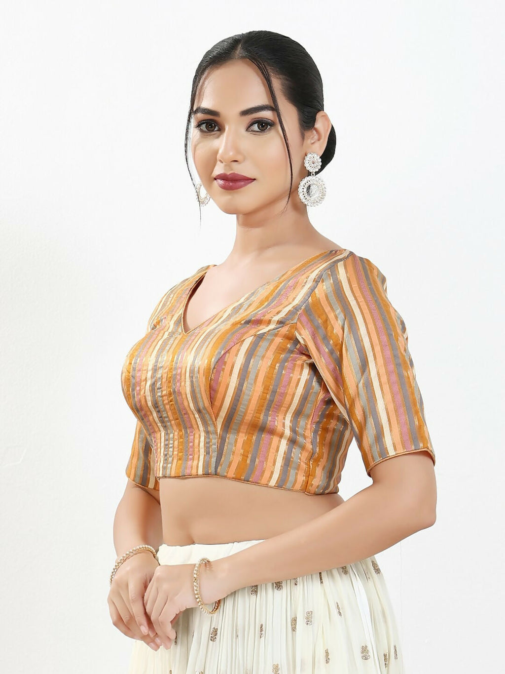 Joban Fashion Peach Multi Brocade Padded Blouse With V Neck Elbow Sleeves - Distacart