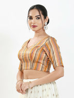 Joban Fashion Peach Multi Brocade Padded Blouse With V Neck Elbow Sleeves - Distacart
