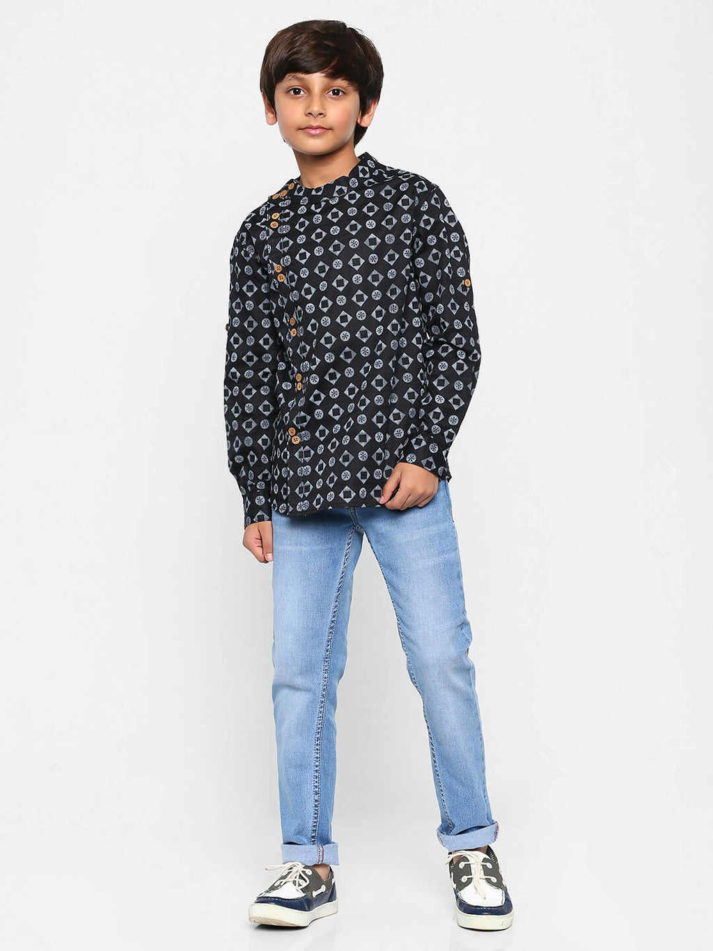 Manet Ethnic Full Sleeves Circle Printed Shirt - Black