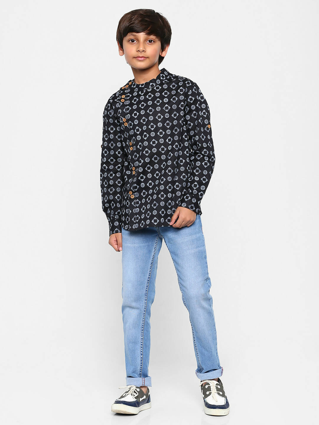 Manet Ethnic Full Sleeves Circle Printed Shirt - Black