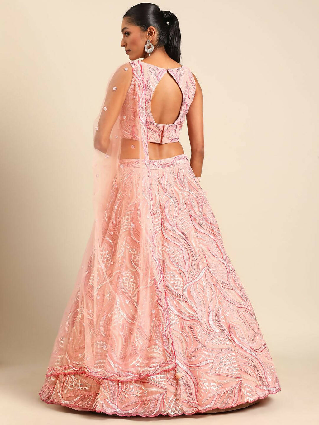 House of Panchhi Coral Pink Net Sequins and Zarkan embroidery Lehenga choli & Dupatta