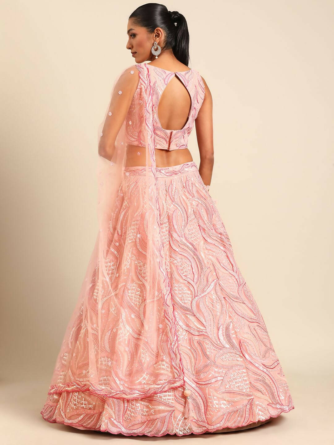 House of Panchhi Coral Pink Net Sequins and Zarkan embroidery Lehenga choli & Dupatta