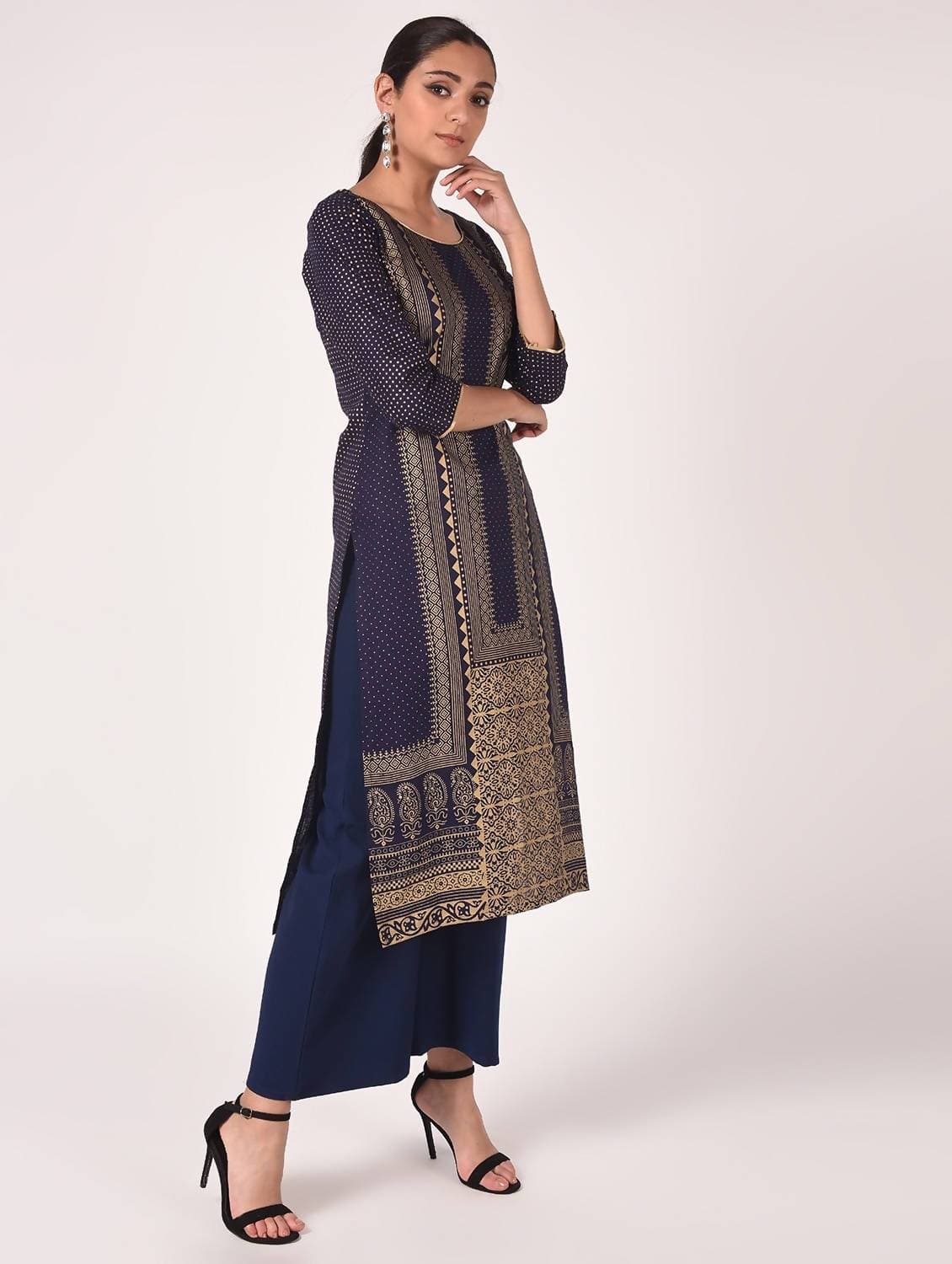 Cheera Hand Block Print Navy Color Straight Kurta