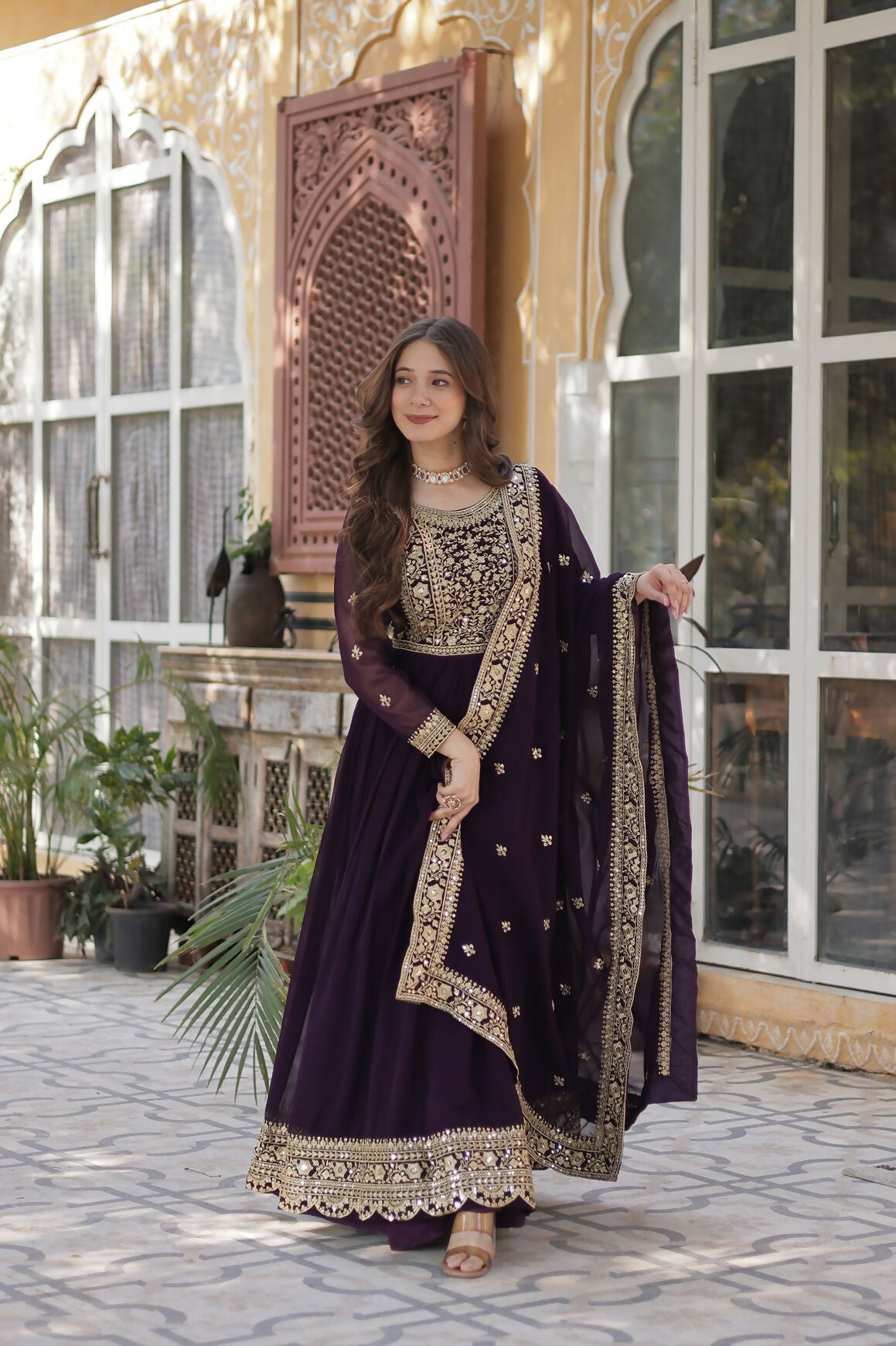 Joban Fashion Wine Georgette Sequence Embroidery Work Kurta Set - Distacart