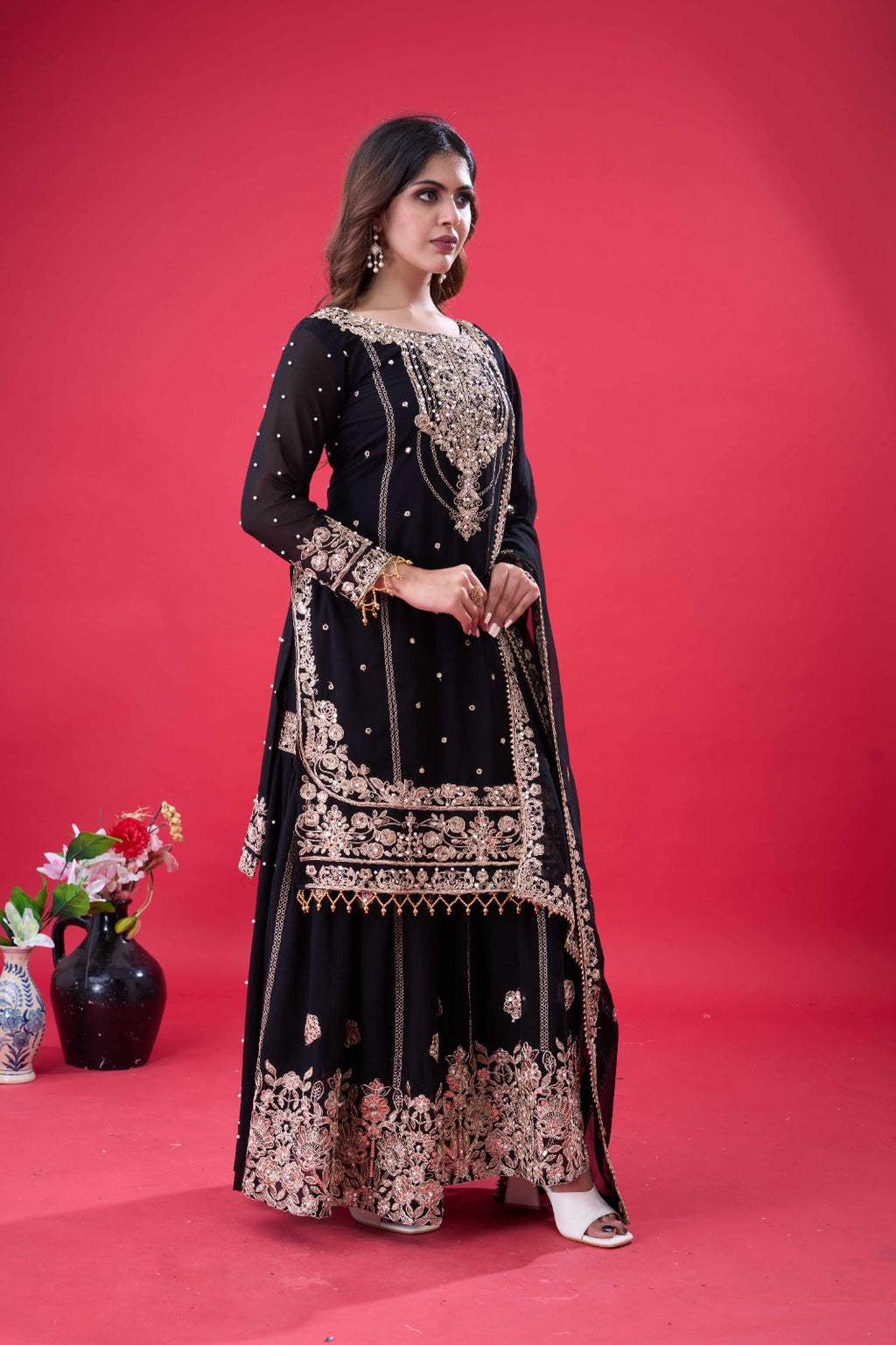 Prazu Fashion Black Georgette Embroidered Rivet Moti Work Palazzo Suit - Distacart