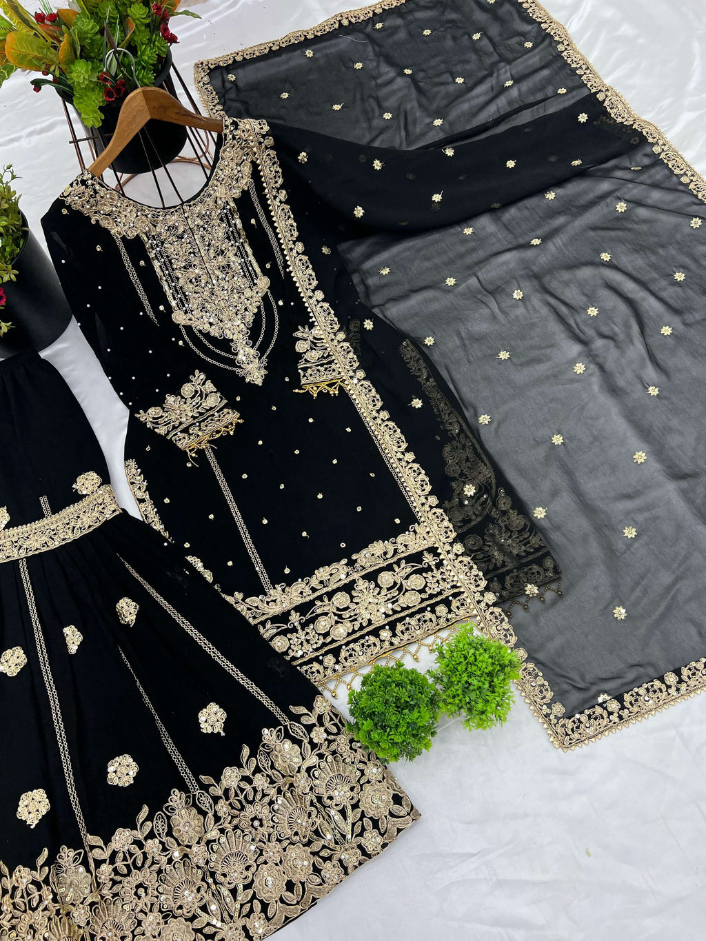 Prazu Fashion Black Georgette Embroidered Rivet Moti Work Palazzo Suit - Distacart