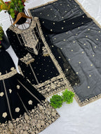 Prazu Fashion Black Georgette Embroidered Rivet Moti Work Palazzo Suit - Distacart