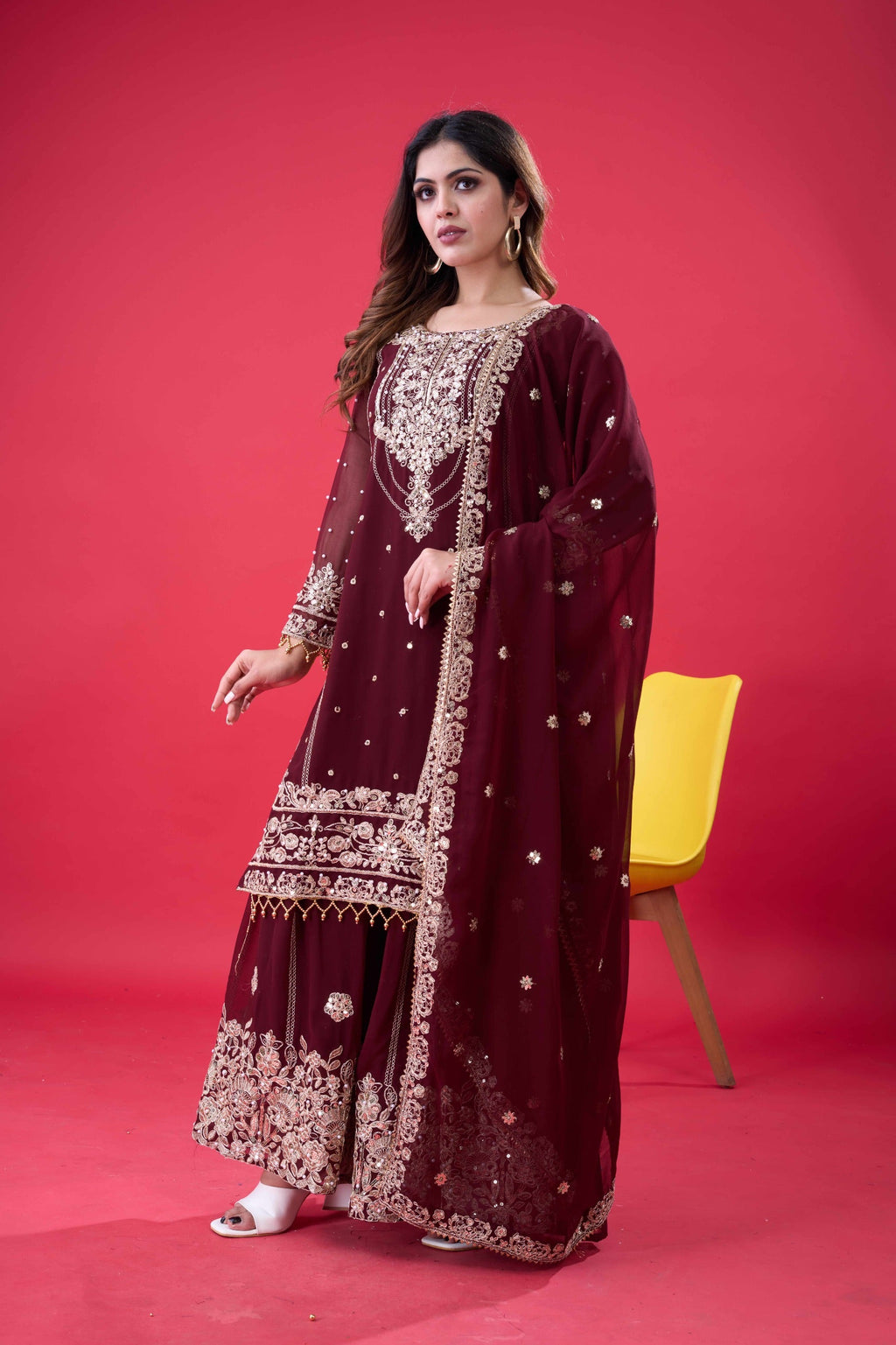 Prazu Fashion Coffee Georgette Embroidered Rivet Moti Work Palazzo Suit - Distacart
