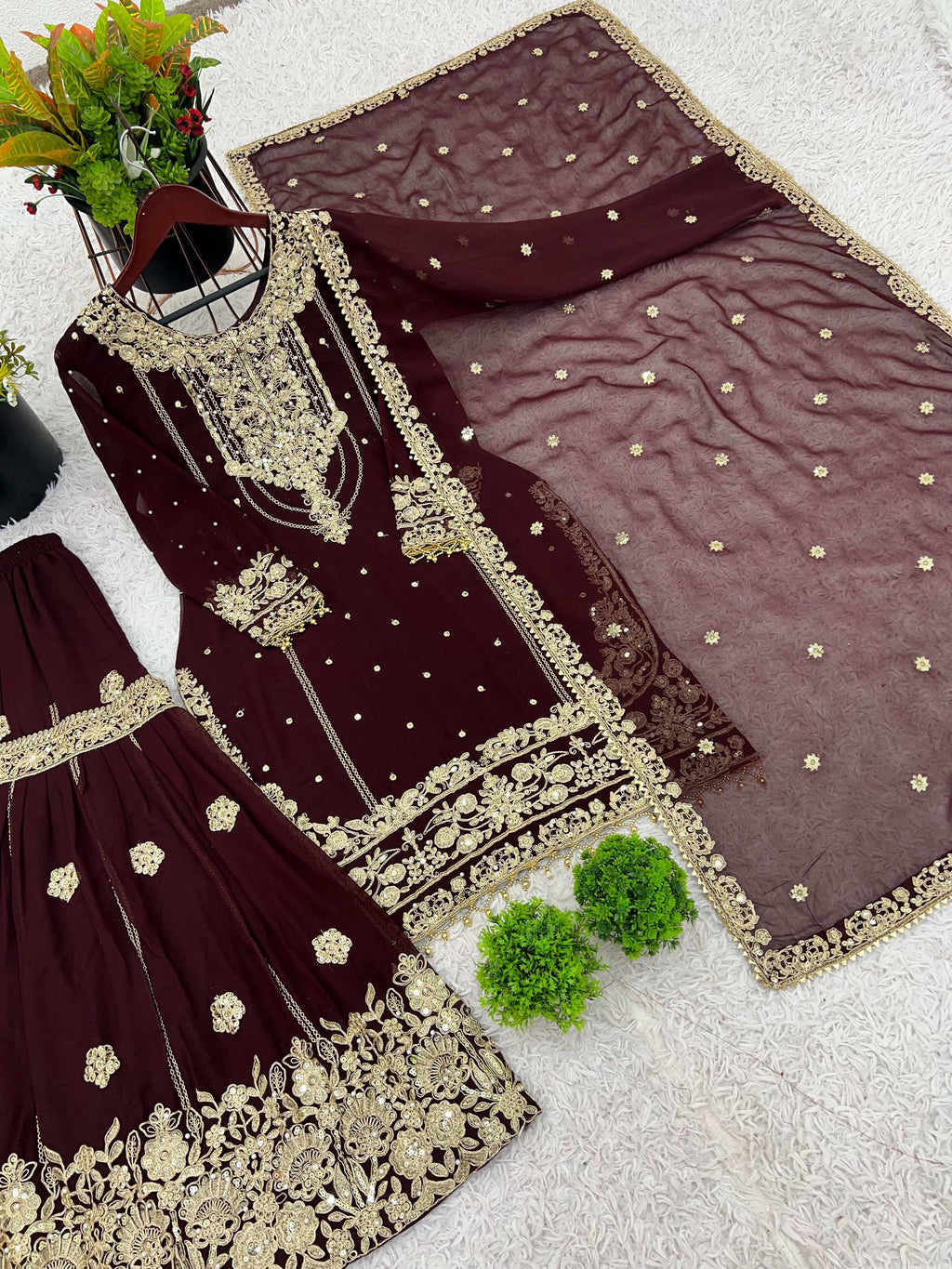 Prazu Fashion Coffee Georgette Embroidered Rivet Moti Work Palazzo Suit - Distacart