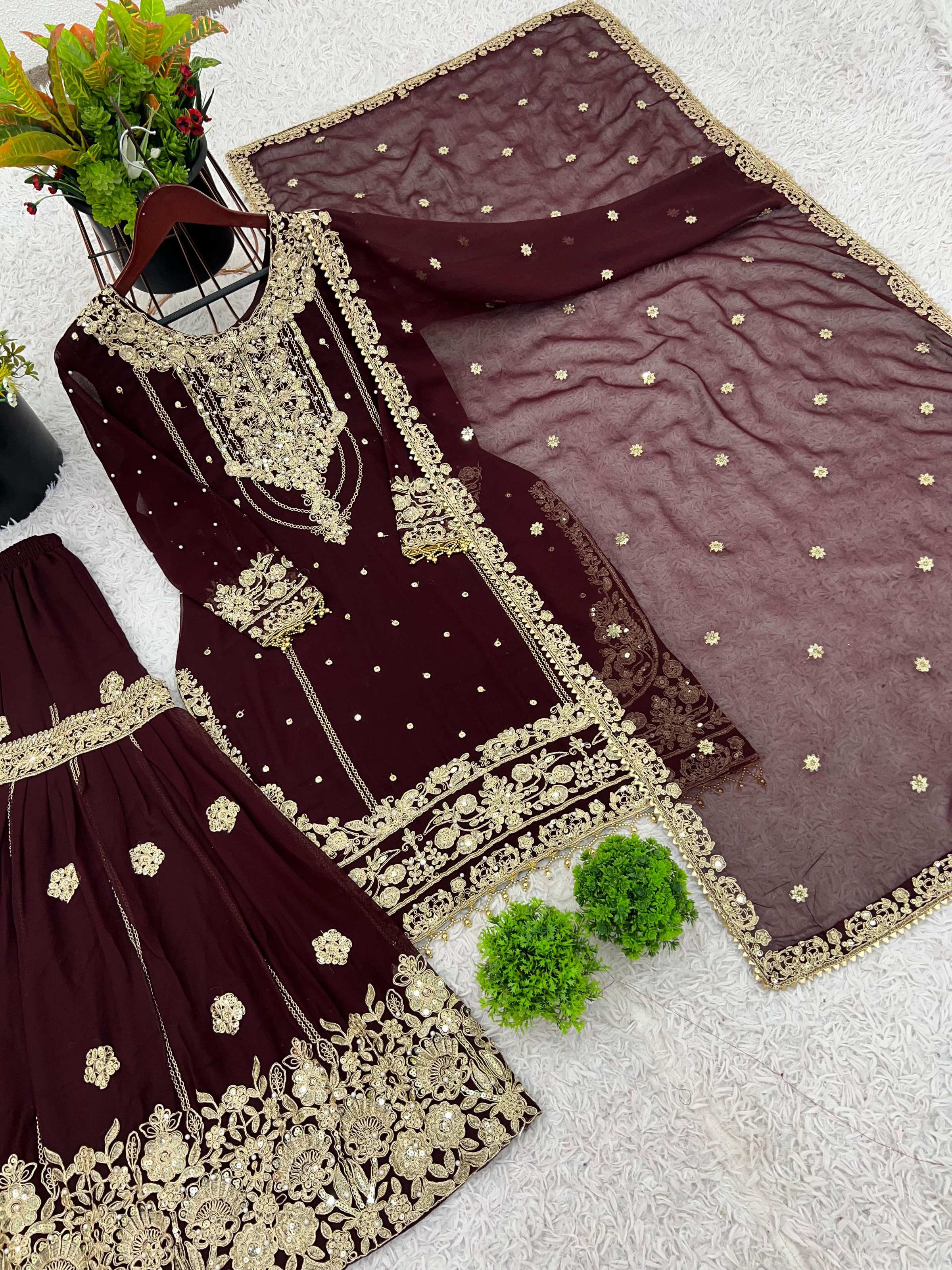 Prazu Fashion Coffee Georgette Embroidered Rivet Moti Work Palazzo Suit - Distacart