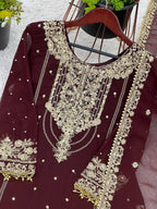 Prazu Fashion Coffee Georgette Embroidered Rivet Moti Work Palazzo Suit - Distacart