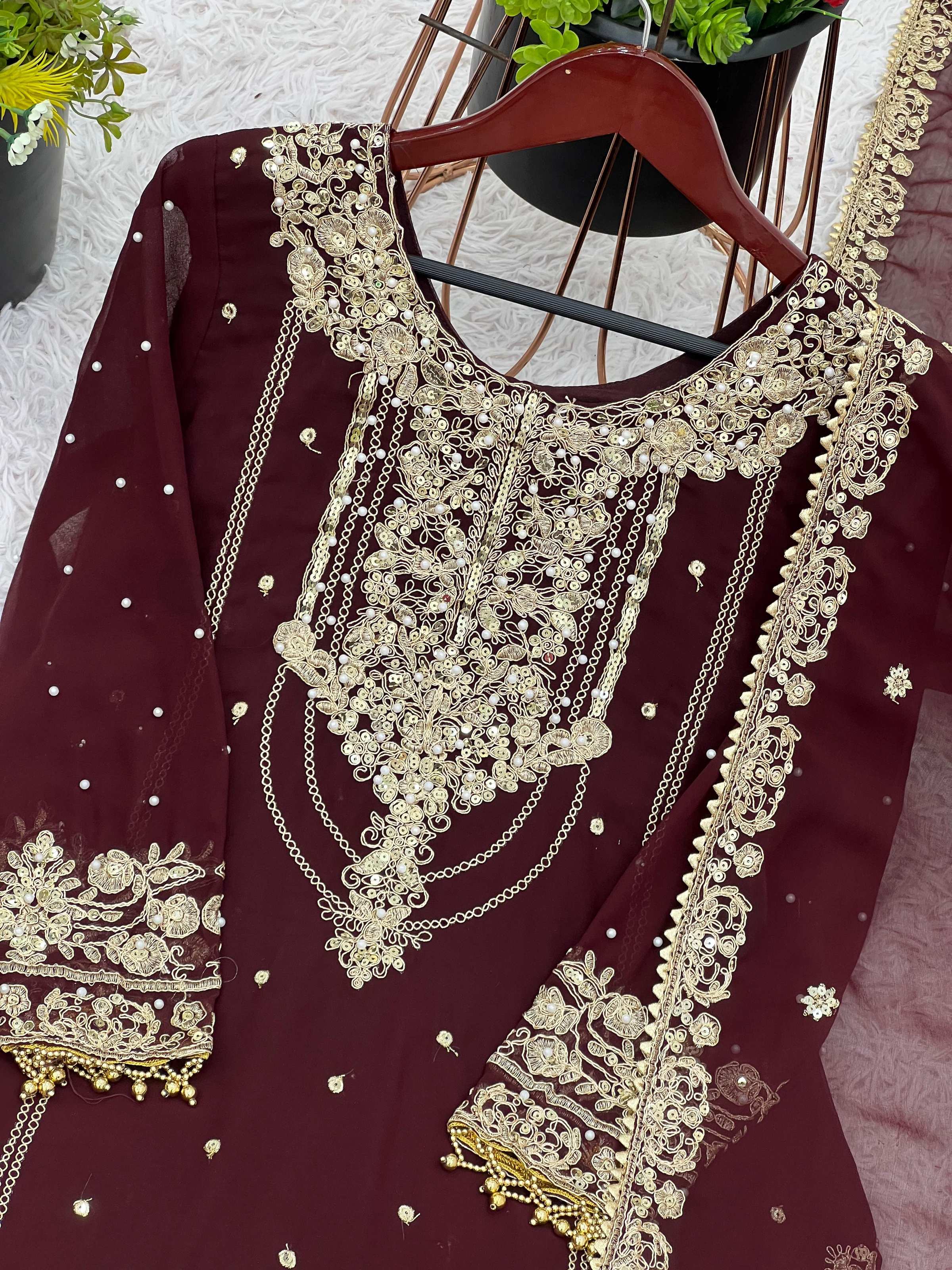 Prazu Fashion Coffee Georgette Embroidered Rivet Moti Work Palazzo Suit - Distacart