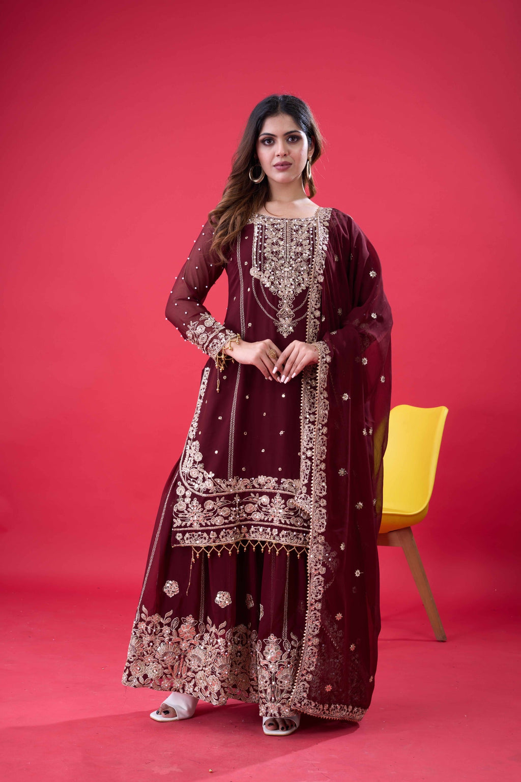 Prazu Fashion Coffee Georgette Embroidered Rivet Moti Work Palazzo Suit - Distacart