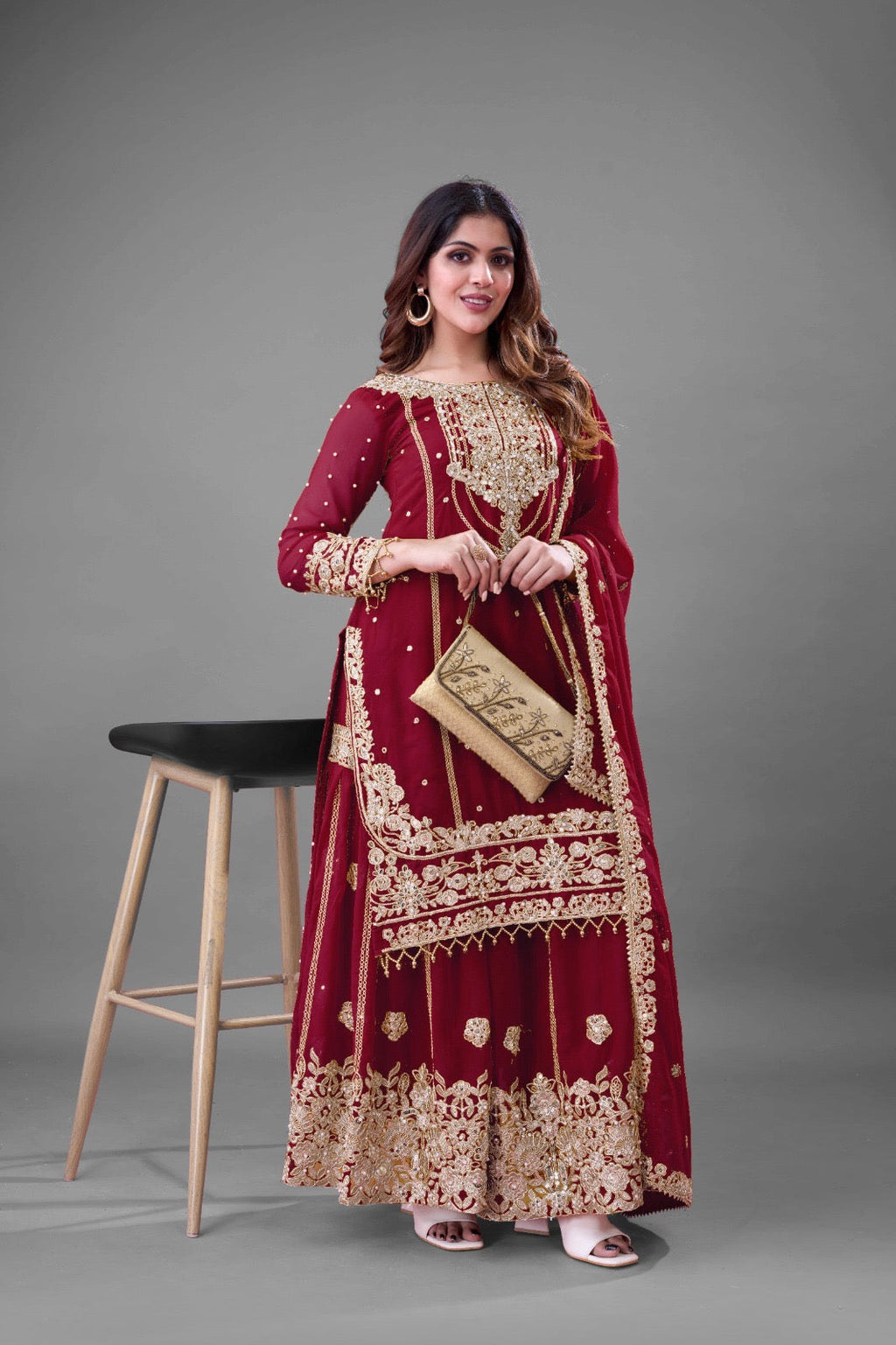Prazu Fashion Maroon Georgette Embroidered Rivet Moti Work Palazzo Suit - Distacart