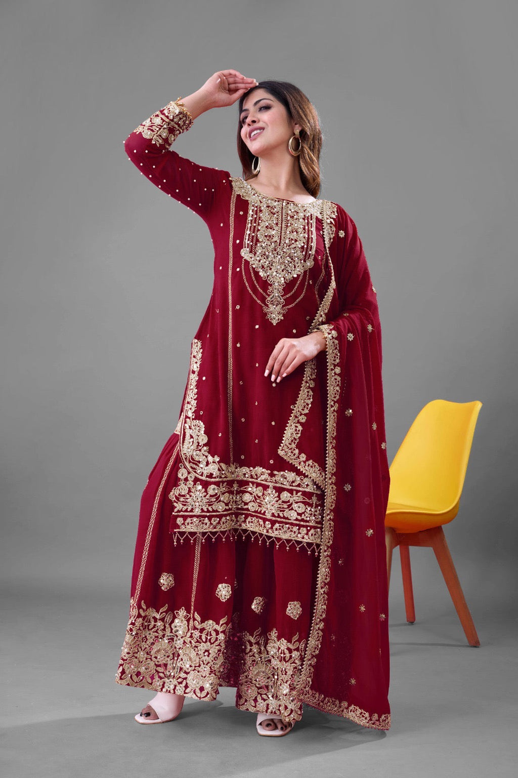 Prazu Fashion Maroon Georgette Embroidered Rivet Moti Work Palazzo Suit - Distacart