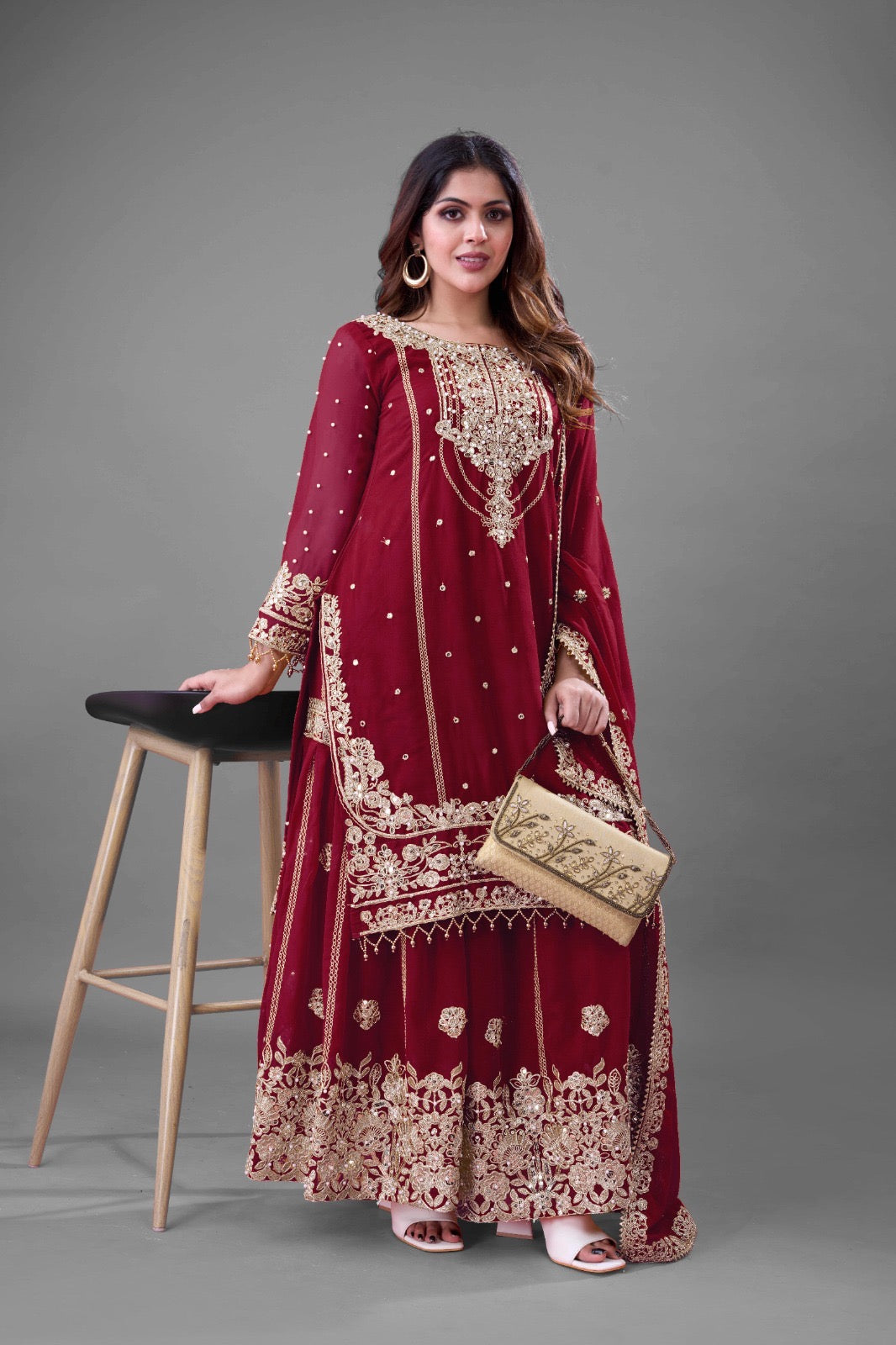 Prazu Fashion Maroon Georgette Embroidered Rivet Moti Work Palazzo Suit - Distacart
