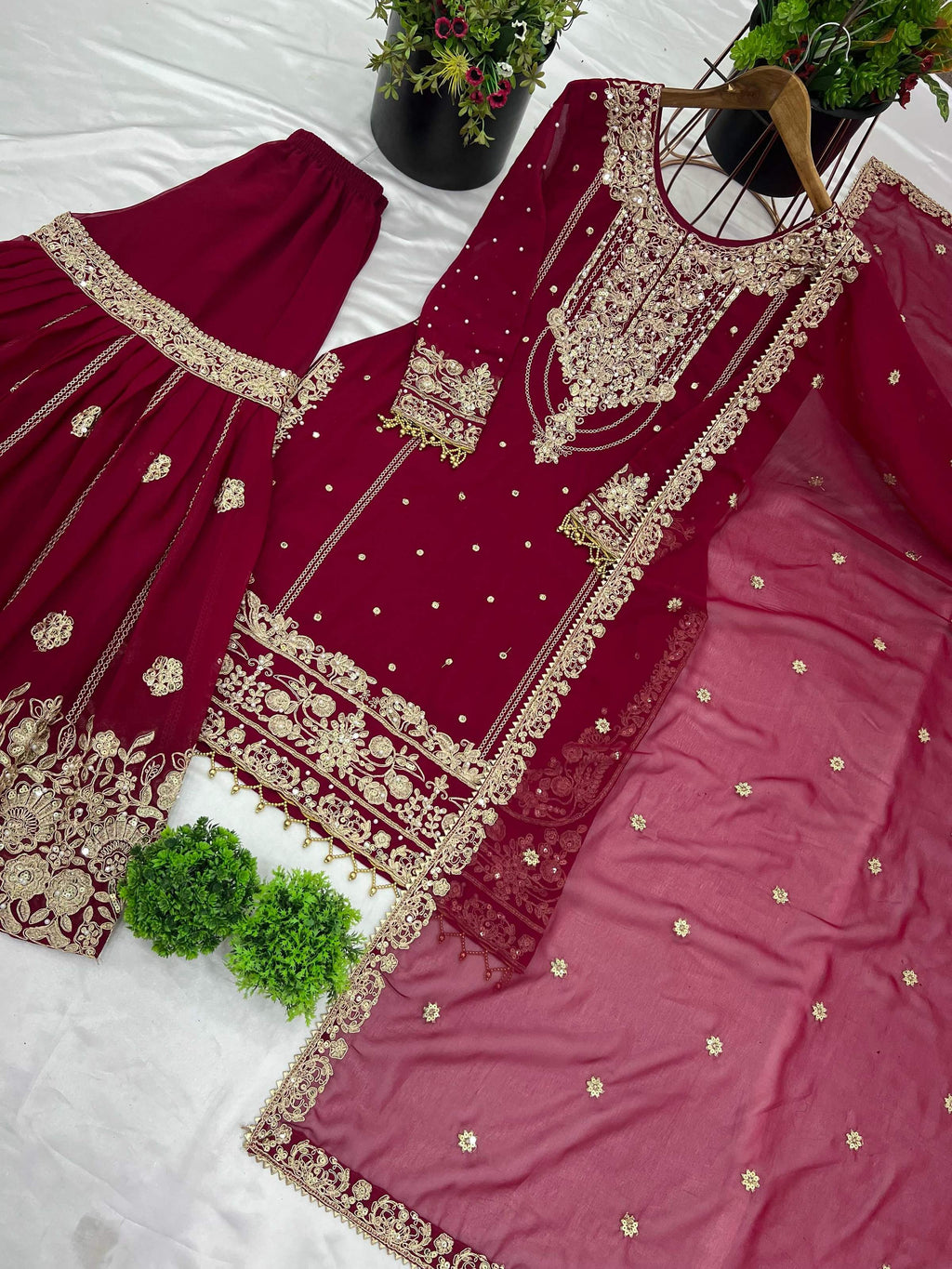 Prazu Fashion Maroon Georgette Embroidered Rivet Moti Work Palazzo Suit - Distacart