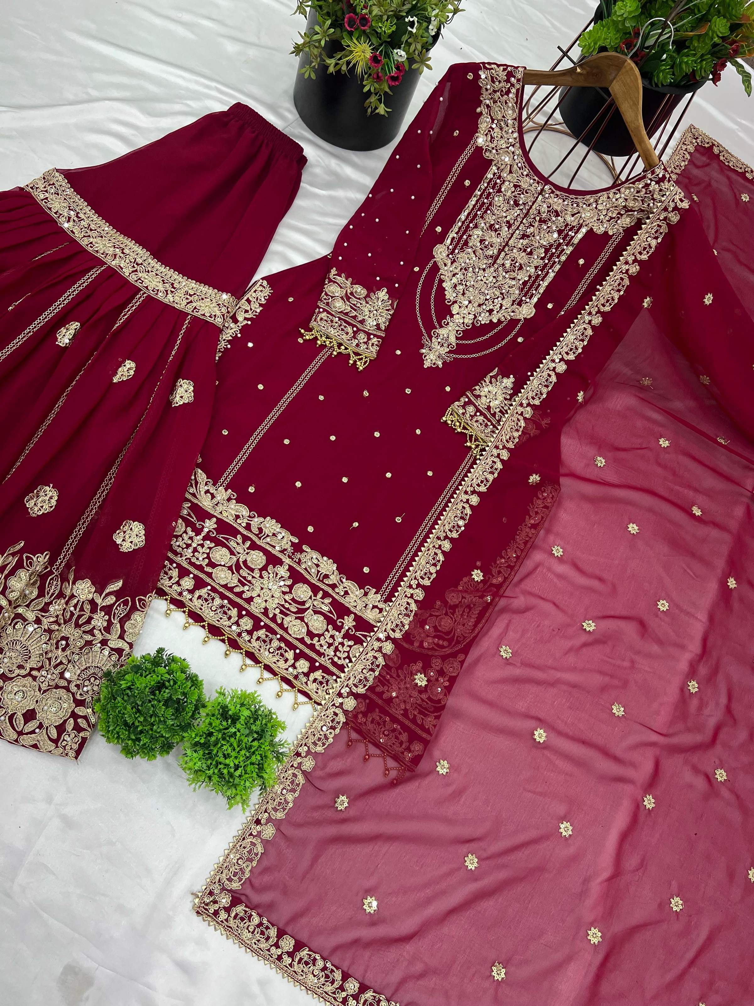 Prazu Fashion Maroon Georgette Embroidered Rivet Moti Work Palazzo Suit - Distacart