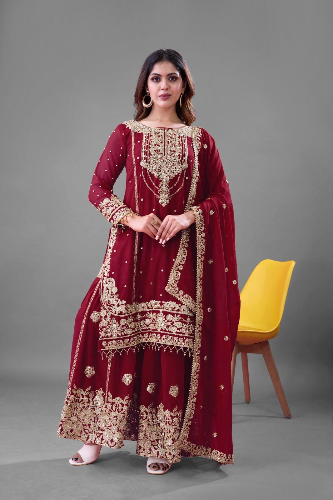 Prazu Fashion Maroon Georgette Embroidered Rivet Moti Work Palazzo Suit - Distacart