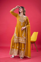 Prazu Fashion Yellow Georgette Embroidered Rivet Moti Work Palazzo Suit - Distacart
