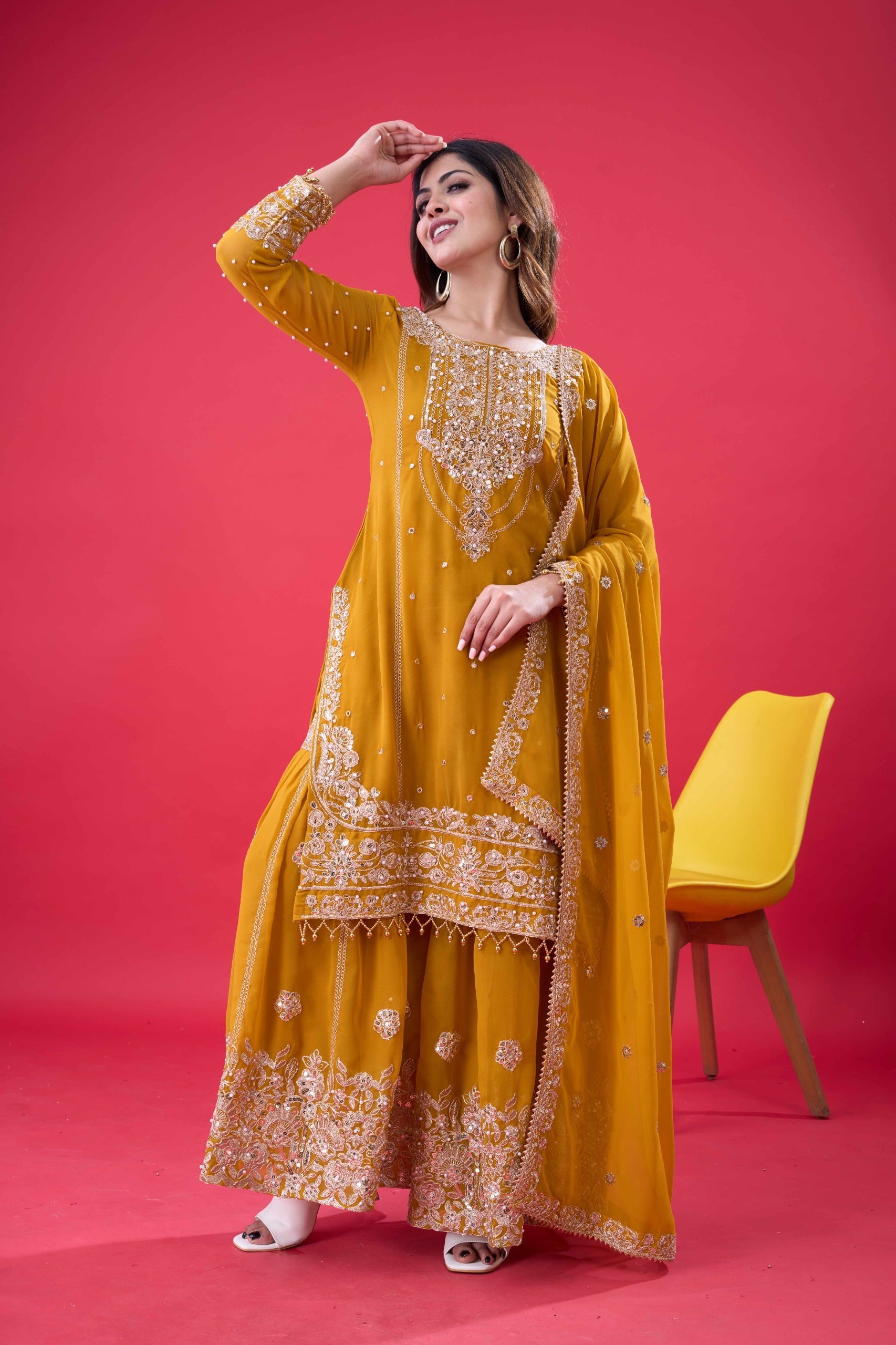 Prazu Fashion Yellow Georgette Embroidered Rivet Moti Work Palazzo Suit - Distacart