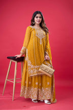 Prazu Fashion Yellow Georgette Embroidered Rivet Moti Work Palazzo Suit - Distacart
