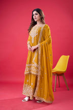 Prazu Fashion Yellow Georgette Embroidered Rivet Moti Work Palazzo Suit - Distacart