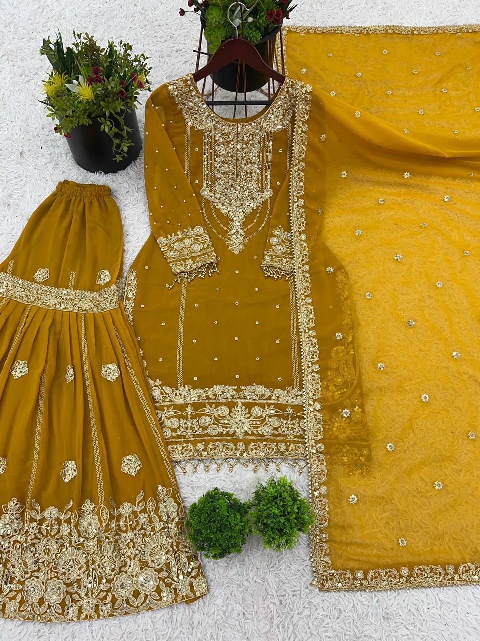 Prazu Fashion Yellow Georgette Embroidered Rivet Moti Work Palazzo Suit - Distacart