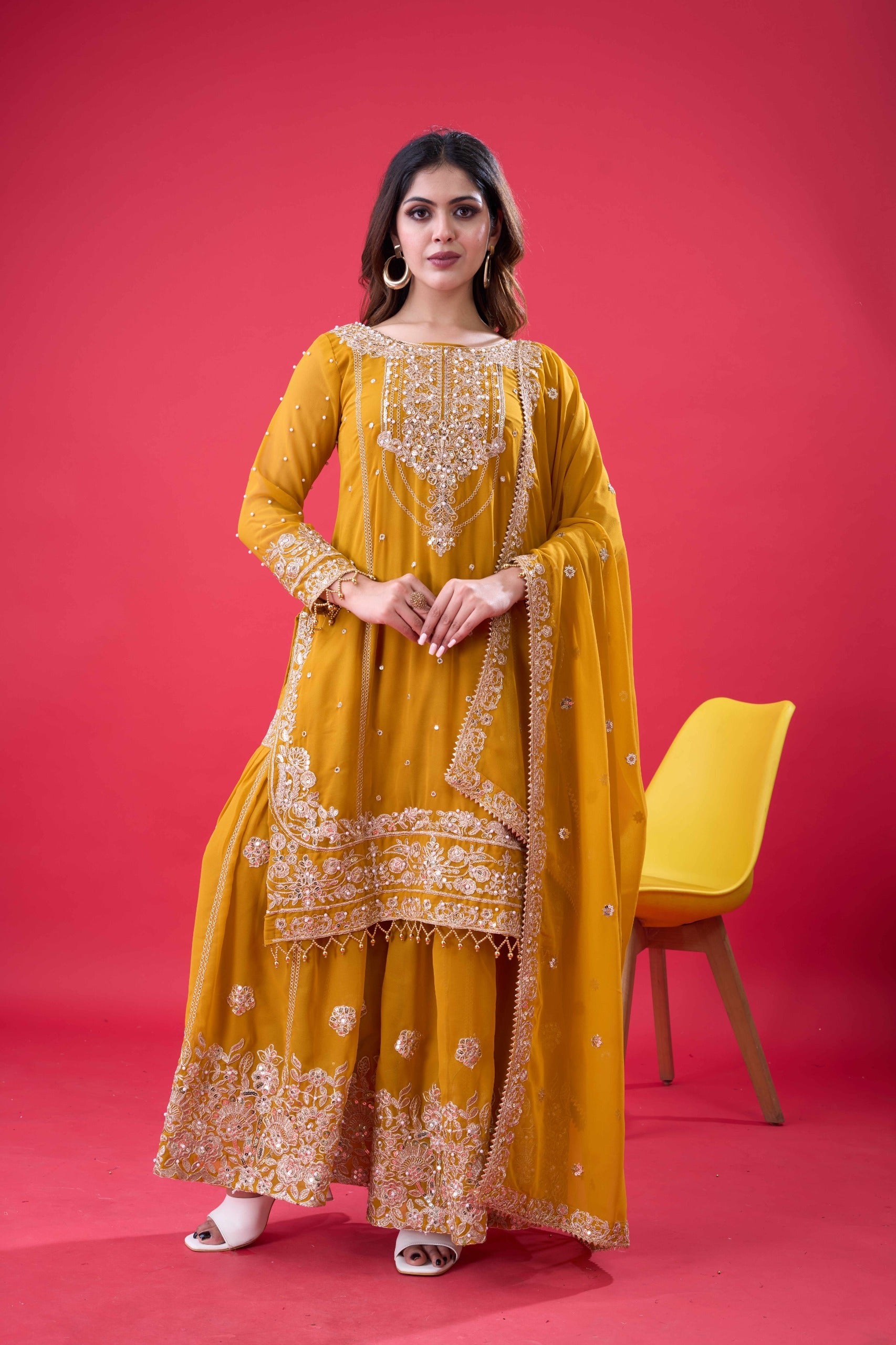 Prazu Fashion Yellow Georgette Embroidered Rivet Moti Work Palazzo Suit - Distacart