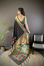 Joban Fashion Black Zari Woven Floral Motifs Soft Silk Paithani Silk Saree - Distacart