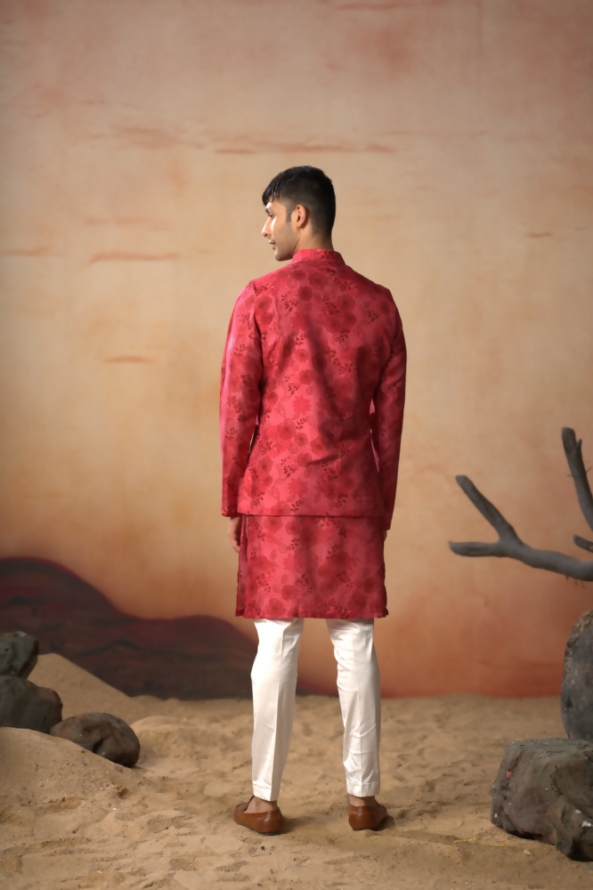 Floral Print Silk Nehru Jacket Set by Hilo Design