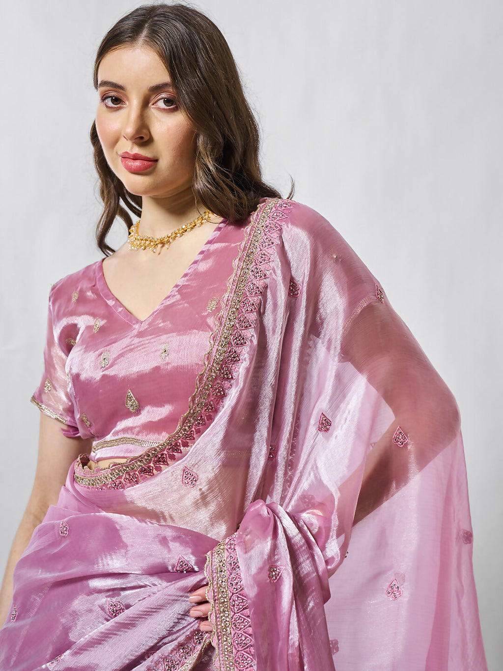 Pink Burburry silk Designer Embroidery Work Saree - Shezlin