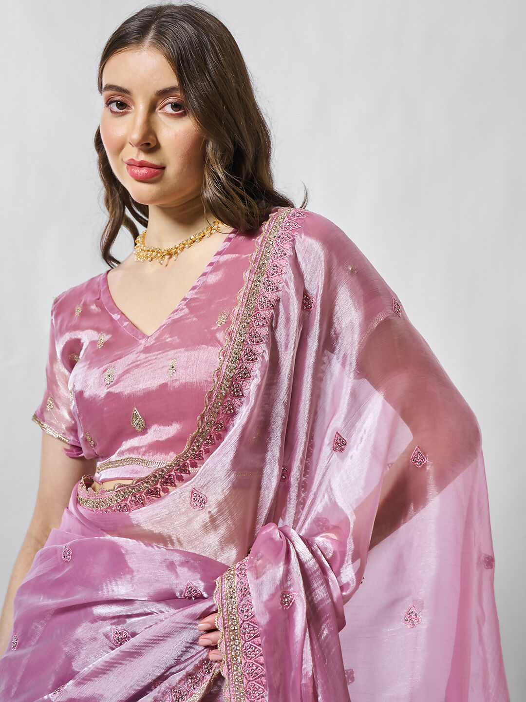 Pink Burburry silk Designer Embroidery Work Saree - Shezlin