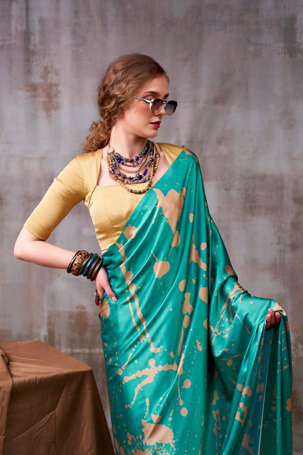 Vastranavya Sea Blue Satin Silk Printed Saree with a Natural Silk Unstitched Blouse - Distacart