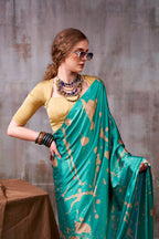 Vastranavya Sea Blue Satin Silk Printed Saree with a Natural Silk Unstitched Blouse - Distacart
